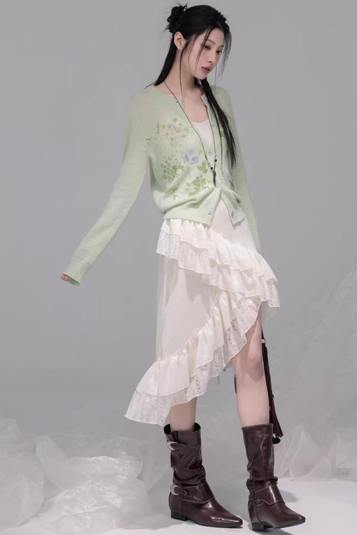 Flowing White Ruffle Dress Set-Up