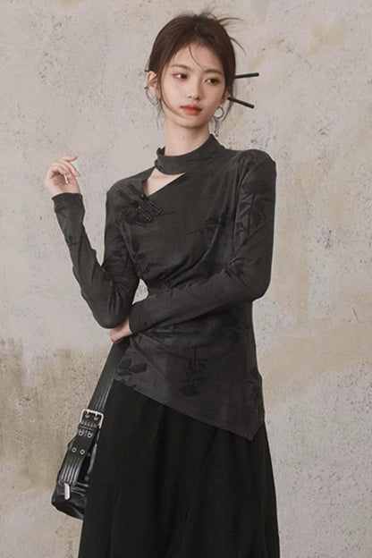 Hollow Design Long-Sleeved Chinese Top