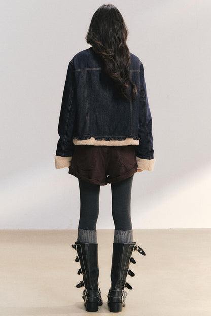 Denim Lace Trim Fur Coat