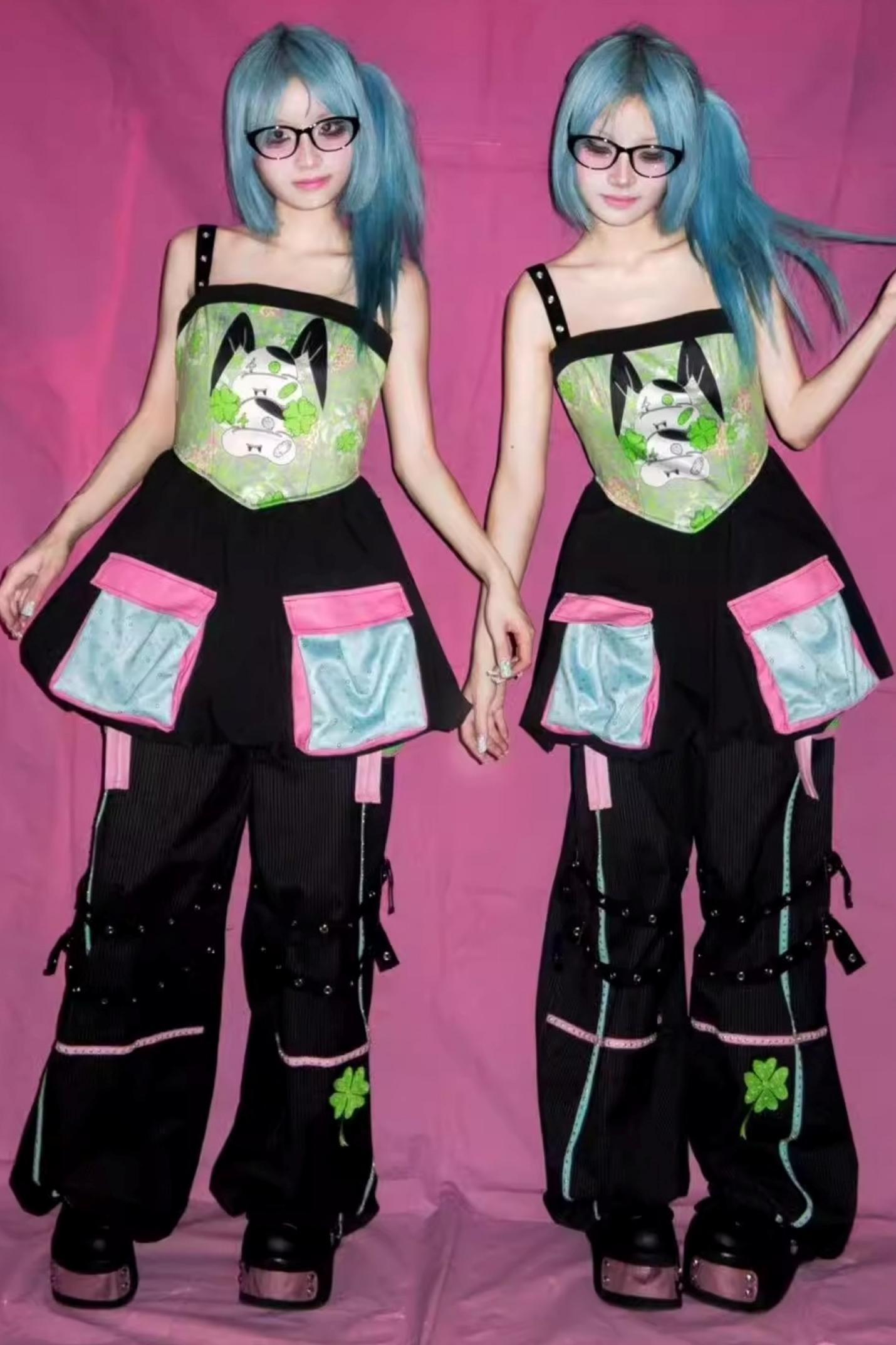 Four-Leaf Clover Embroidery Stripe Studded Trousers