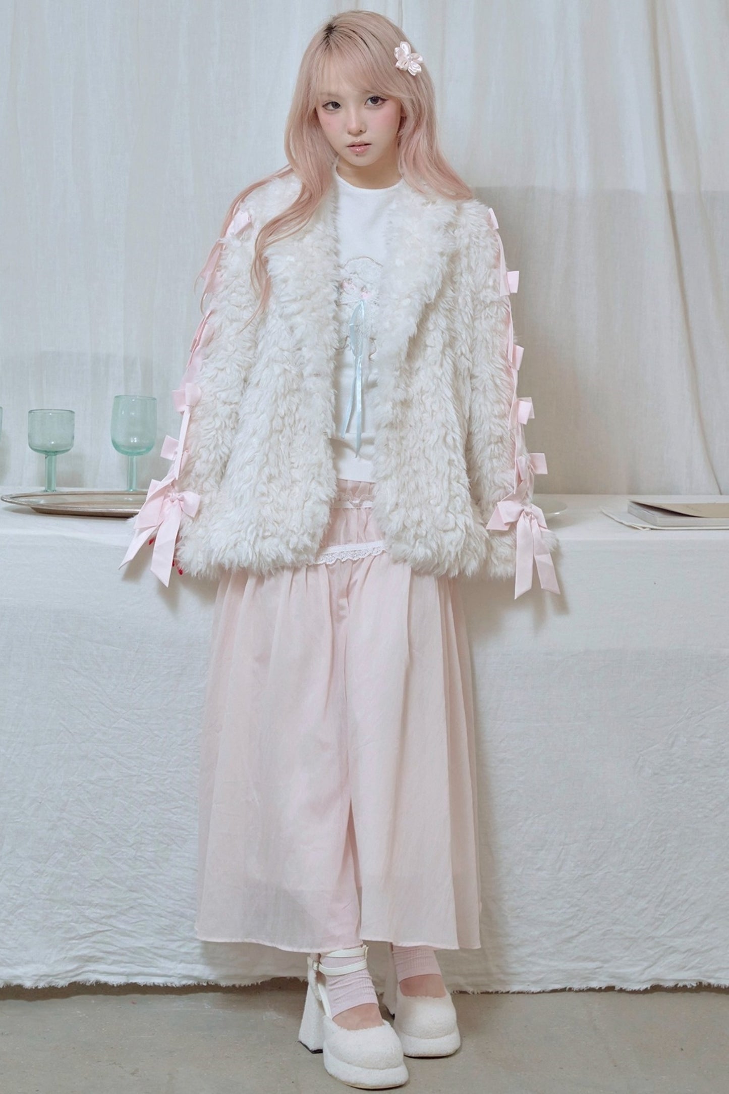 White Satin Bow Lamb Fur Coat