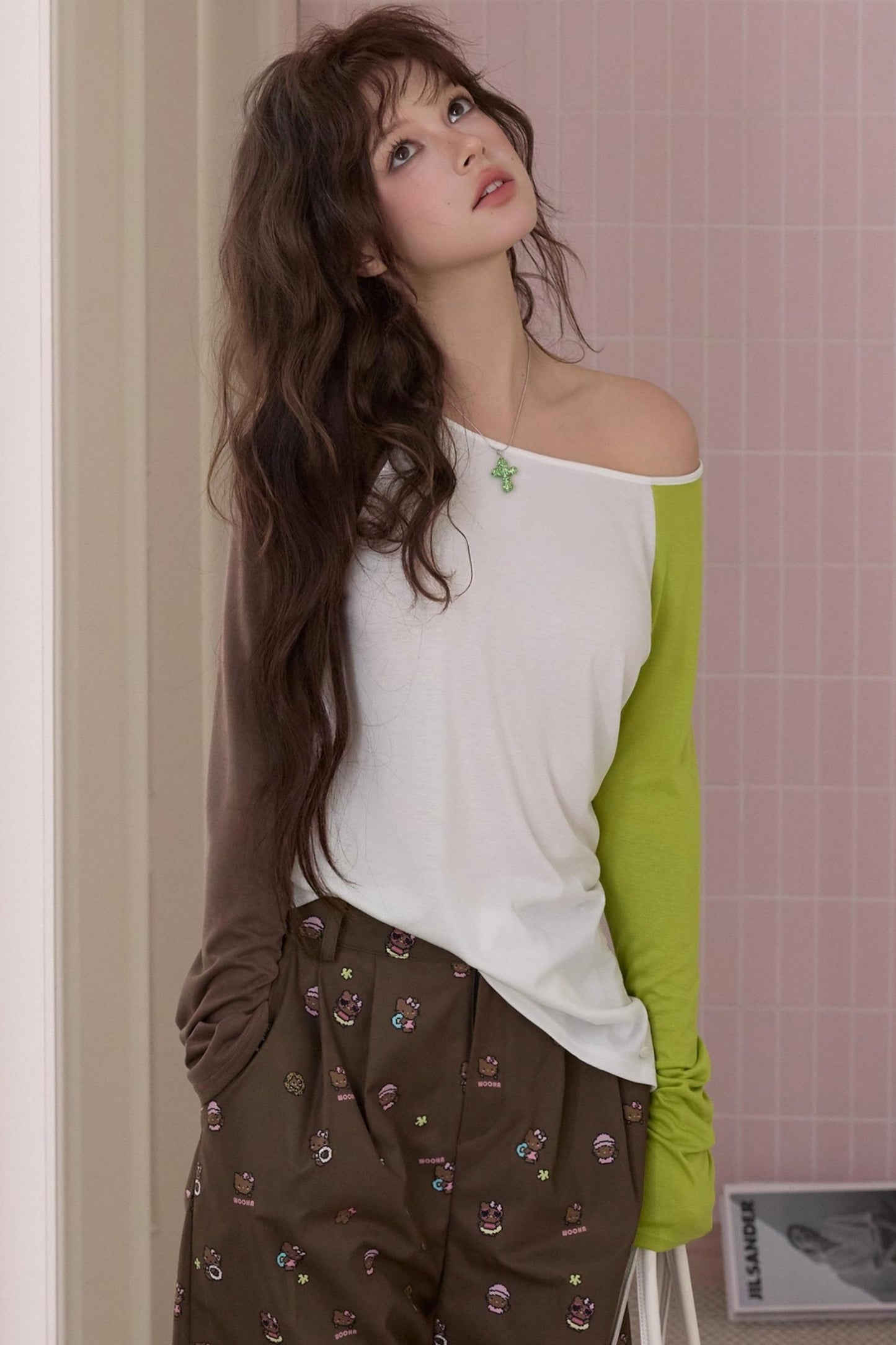 Off-Shoulder Color-Block T-Shirt