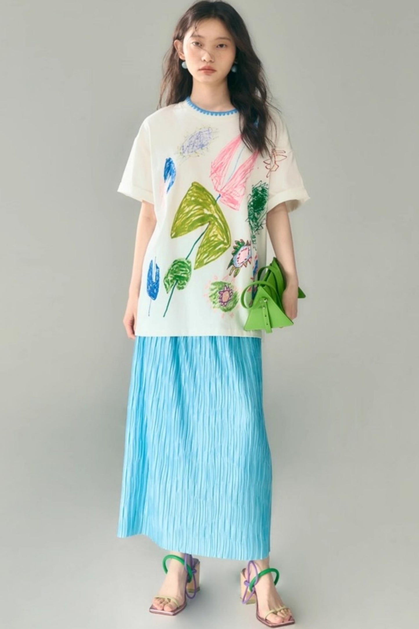 Original Design Glass Blue Elasticated Pleated Skirt