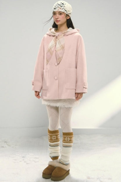 Pink Paneled Plaid Hooded Wool Coat