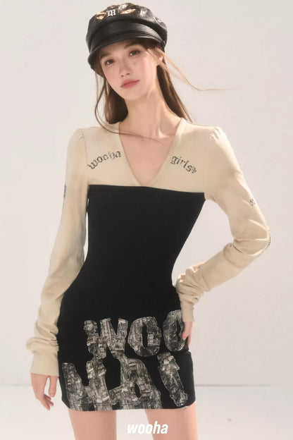 Printed Layered-Look V-Neck Dress