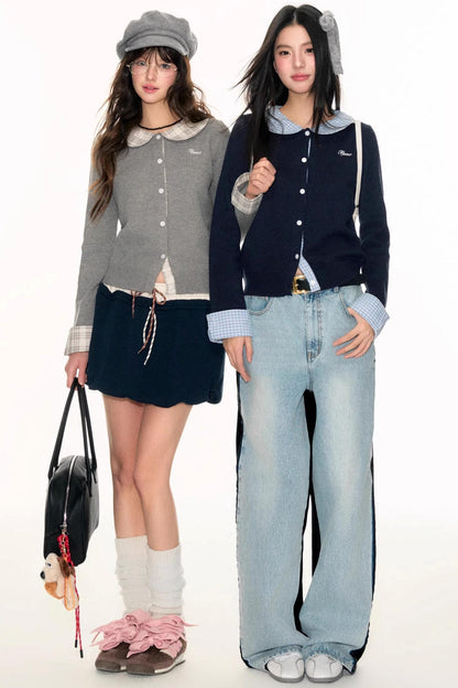 Panel Check Doll Collar Knit Sweater