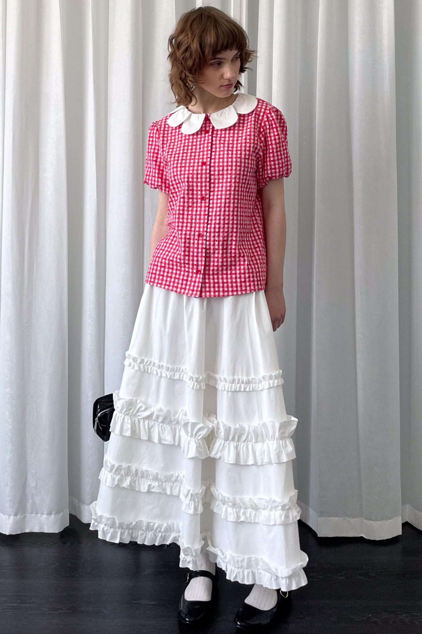 Red Plaid Lantern Sleeve Shirt