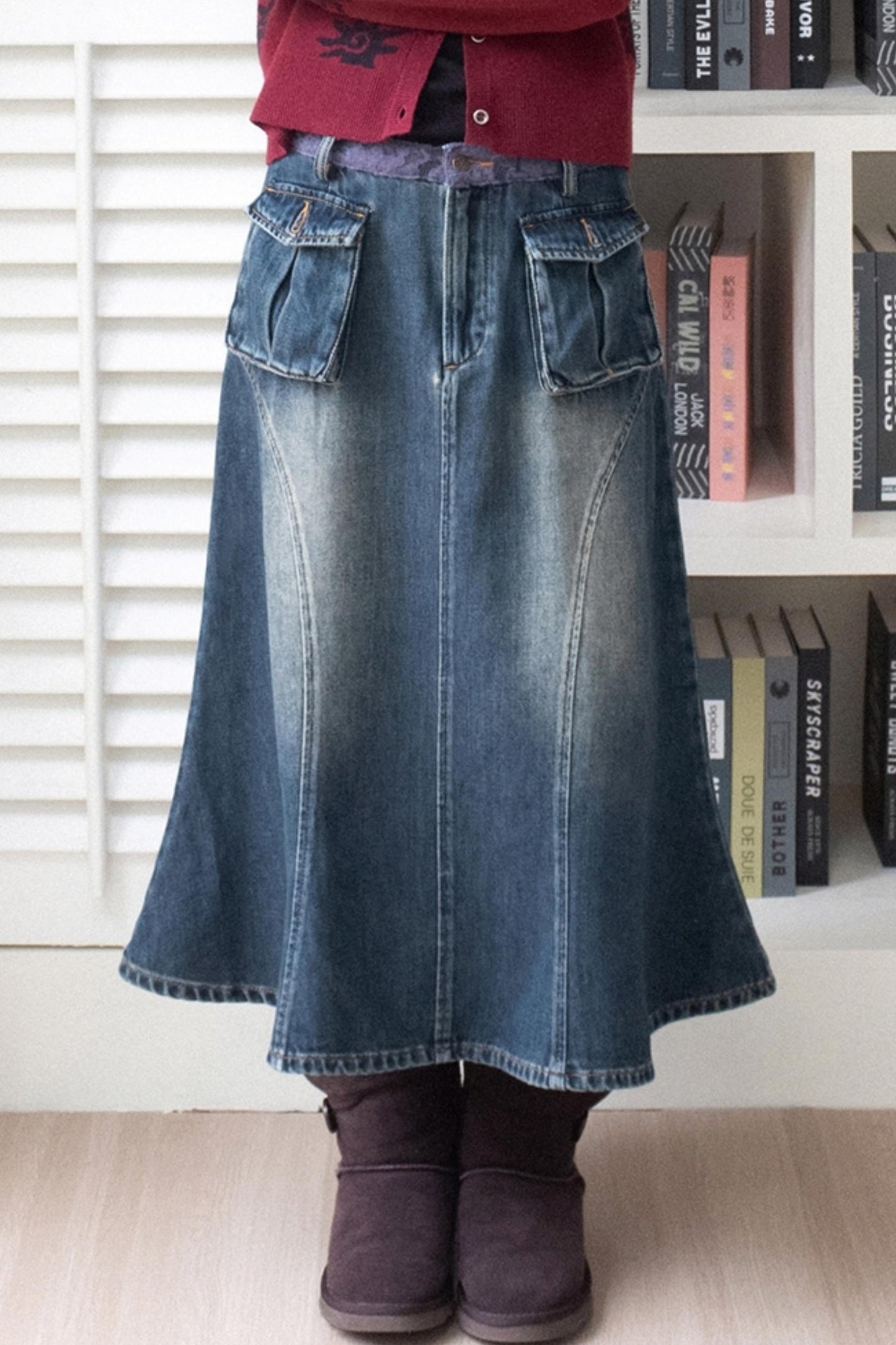 Lace-Trimmed Denim Midi Skirt