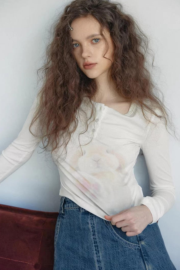 White Rabbit Print Slim Top