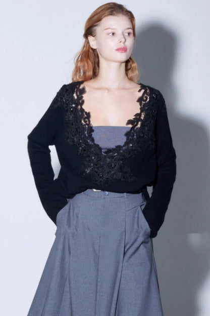 Rhinestone Lace Wool Top