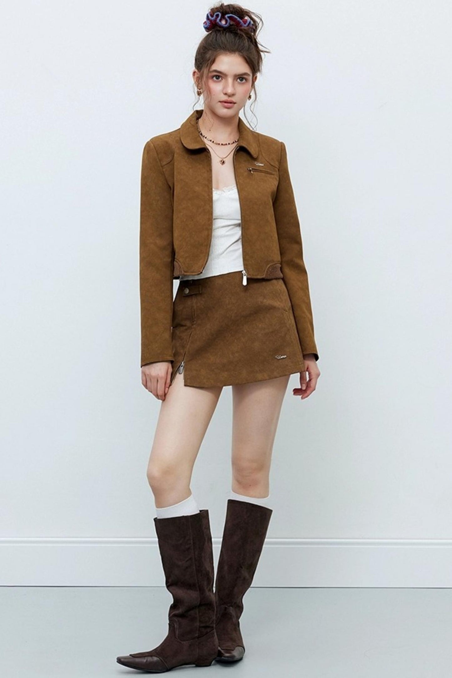 Caramel Brown Faux Suede Jacket Set-Up