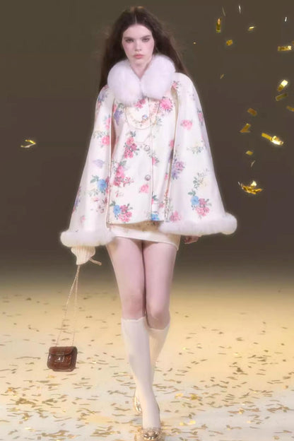 Vintage Flower Print Woolen Coat Set-Up