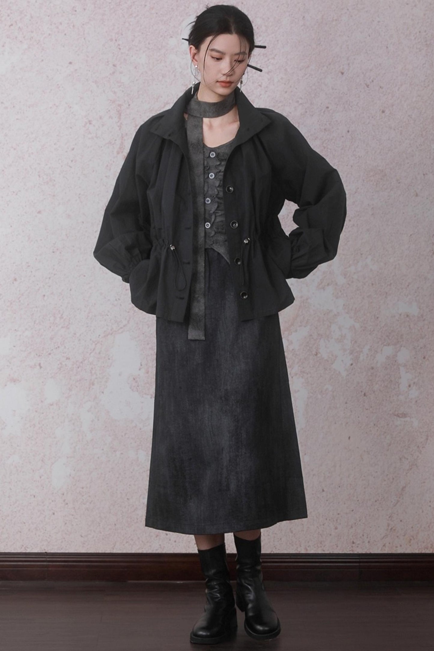 Autumn Gray Tie-dye Knitted V-Neck T-Shirt