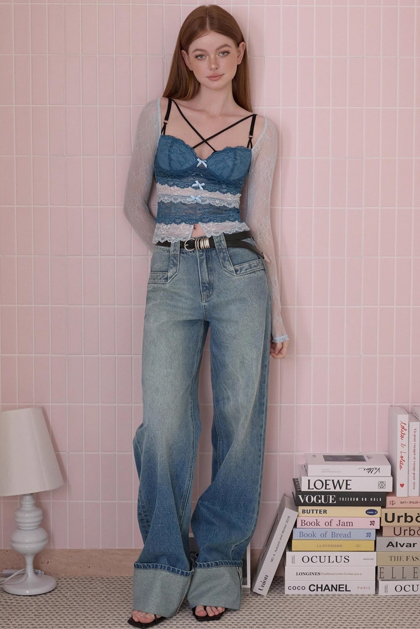 Retro Fashionable Sweet Cuffed Wide-leg Jeans