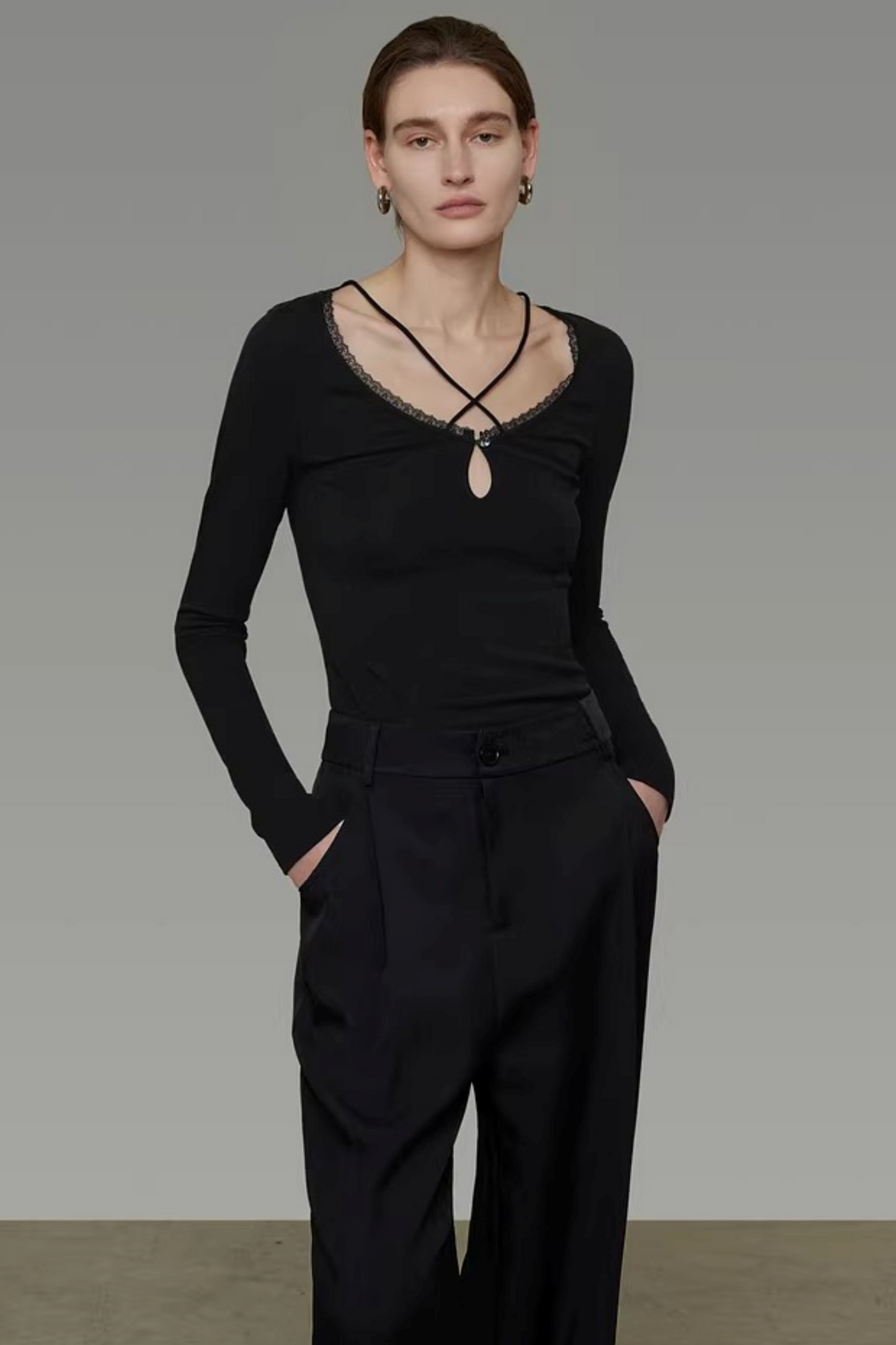 Black Cross-Neck Knit Sweater