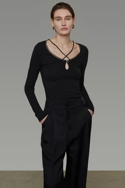 Black Cross-Neck Knit Sweater