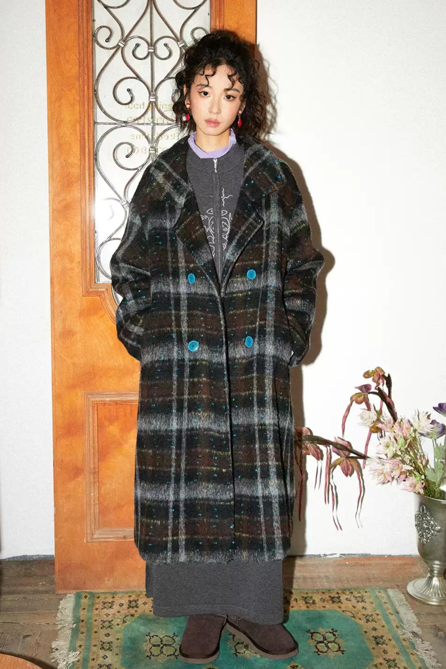 Moonlit Camellia Plaid Tweed Coat