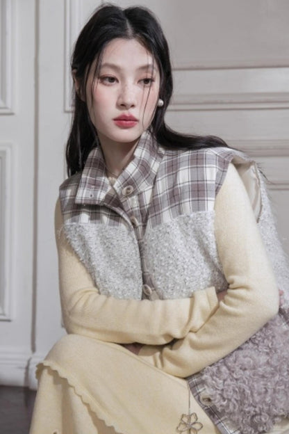 Cream Gray Lace Wool Dress