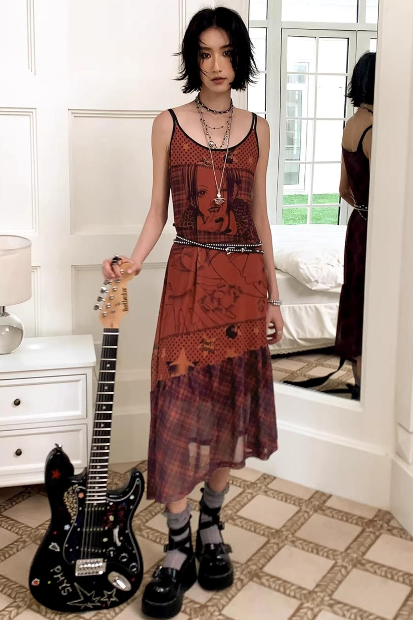 Red Printed Strap Dress