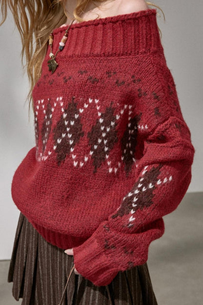 Thick Knit Argyle Off-Shoulder Top