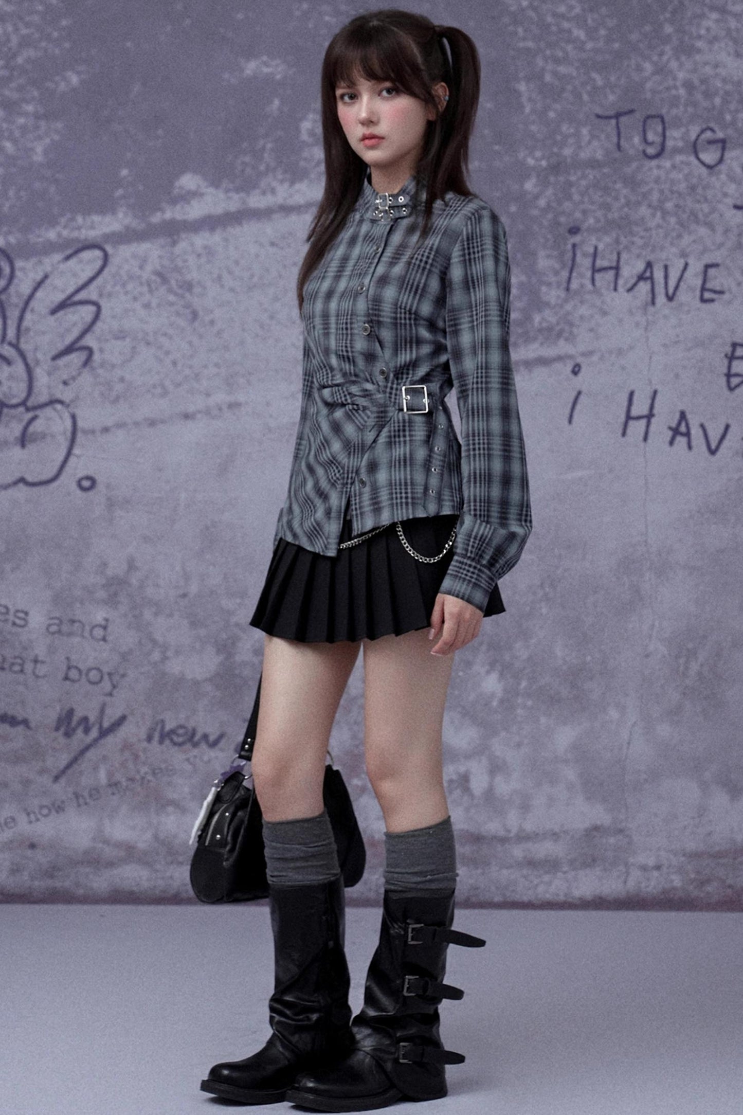 Gray-Blue Plaid Placket Long-Sleeved Shirt