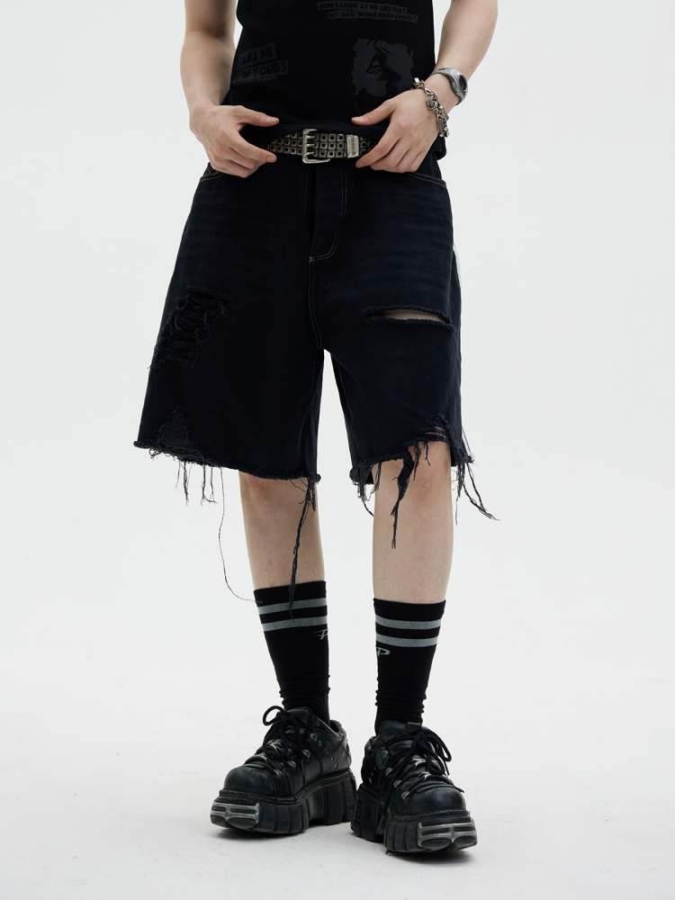 Cut Off Side Line Half Denim Pants