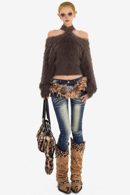 Retro Knit Off-Shoulder Sweater