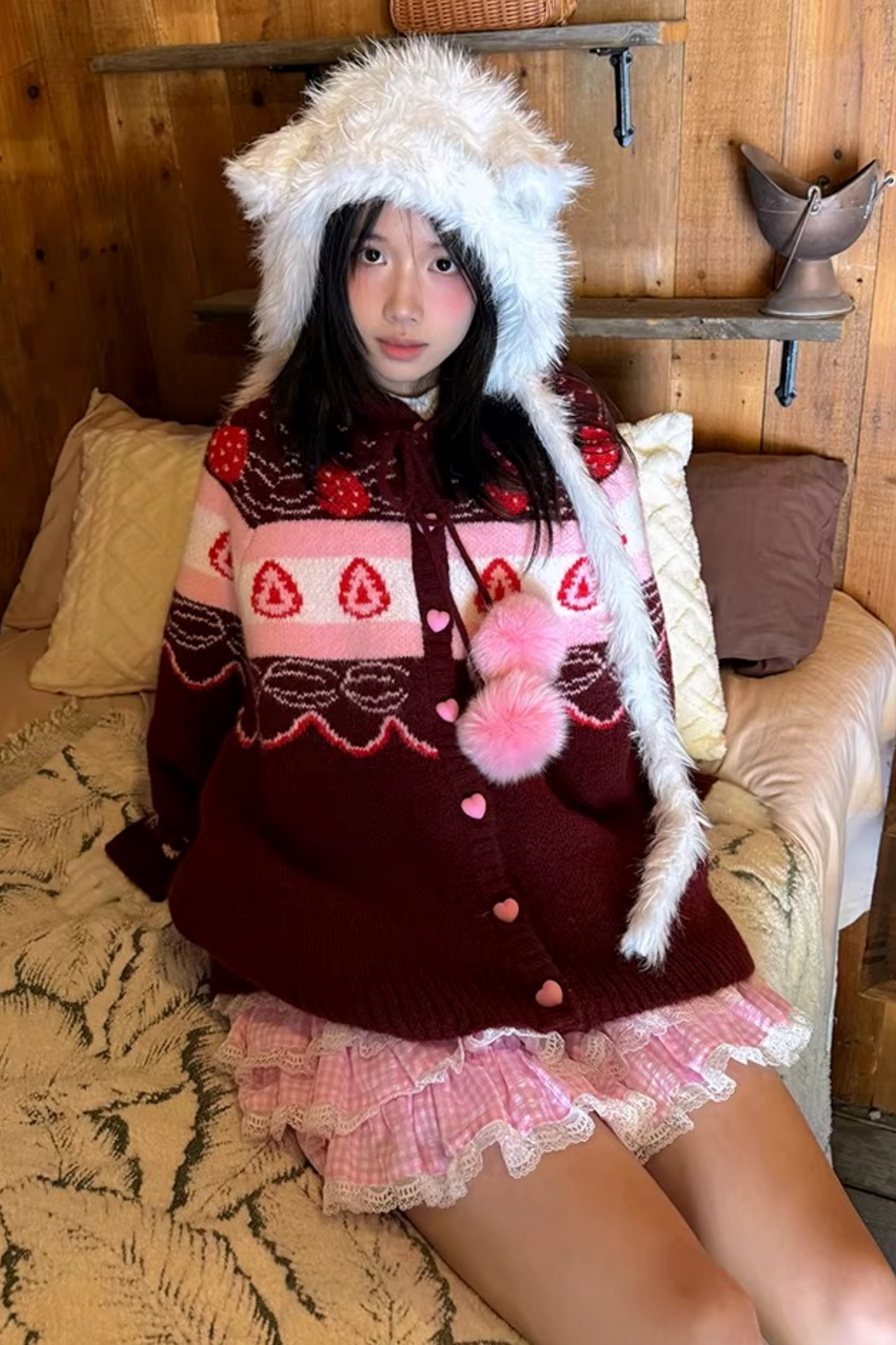 Fair Isle Strickjacke mit Erdbeermuster