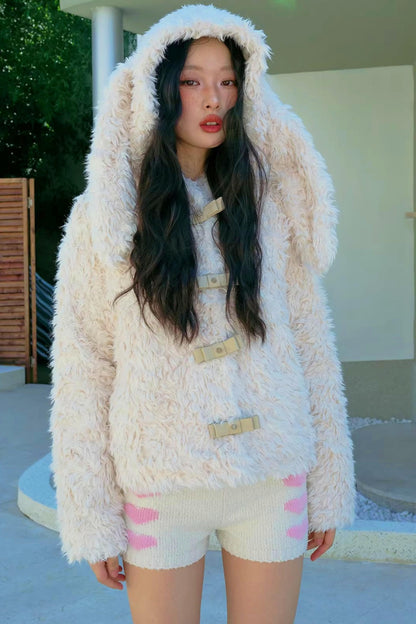 Studded Bow Faux Fur Coat