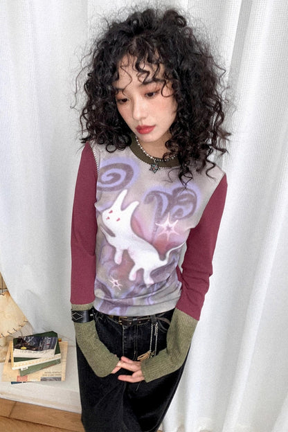 Flower Gauze Round Neck Long-Sleeved T-Shirt