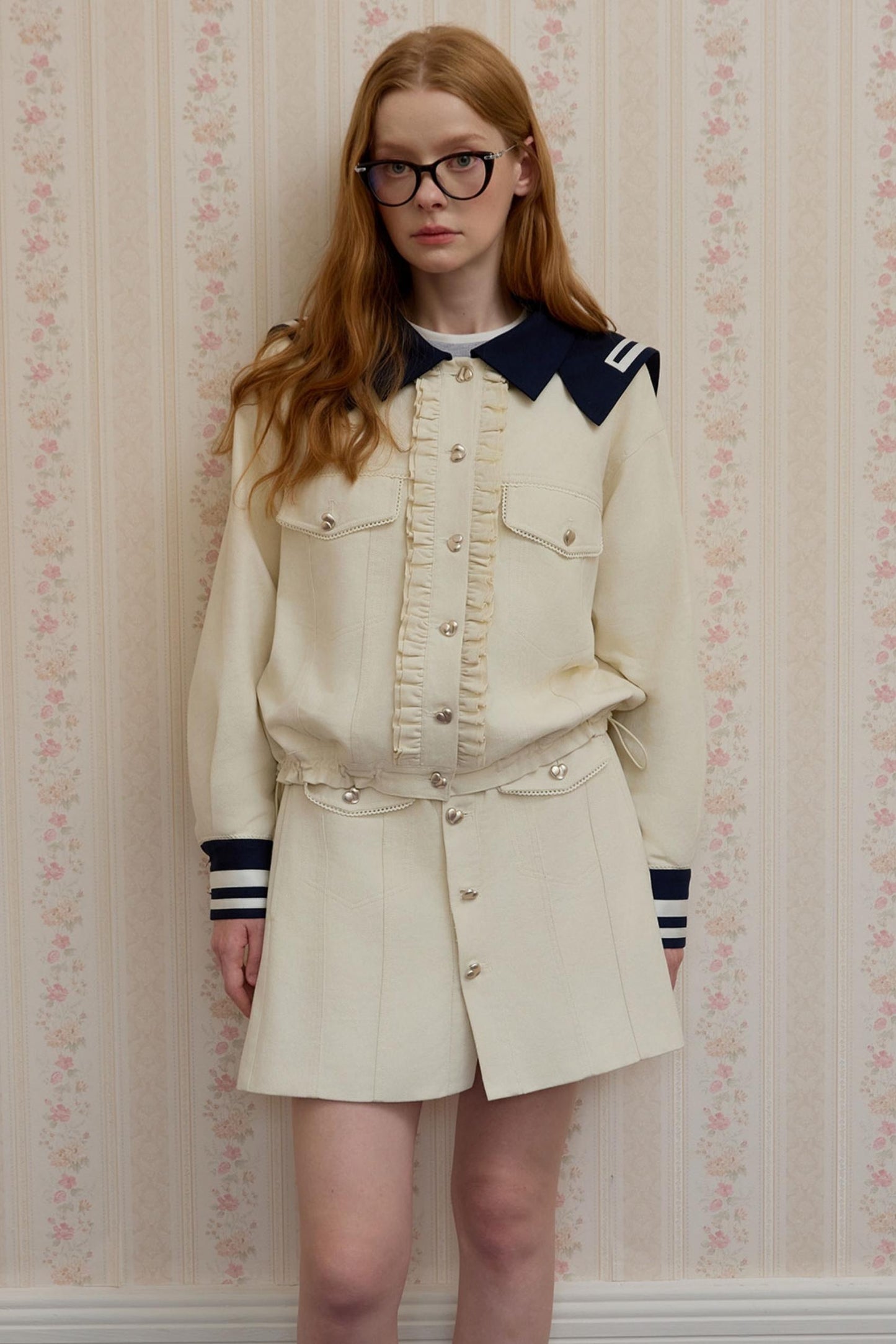 Beige Navy Collar Jacket Set-Up