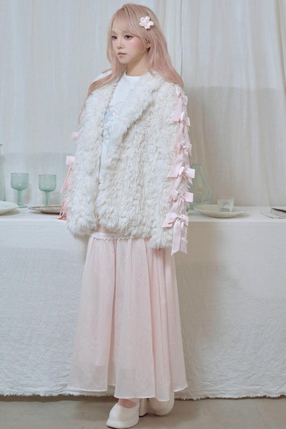 White Satin Bow Lamb Fur Coat