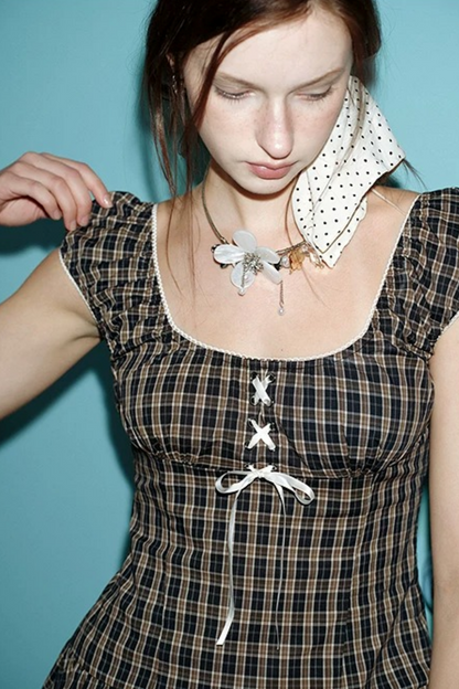 Navy Plaid Lace Dress