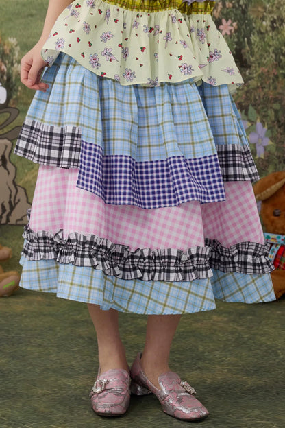 Plaid Cotton Lace Skirt
