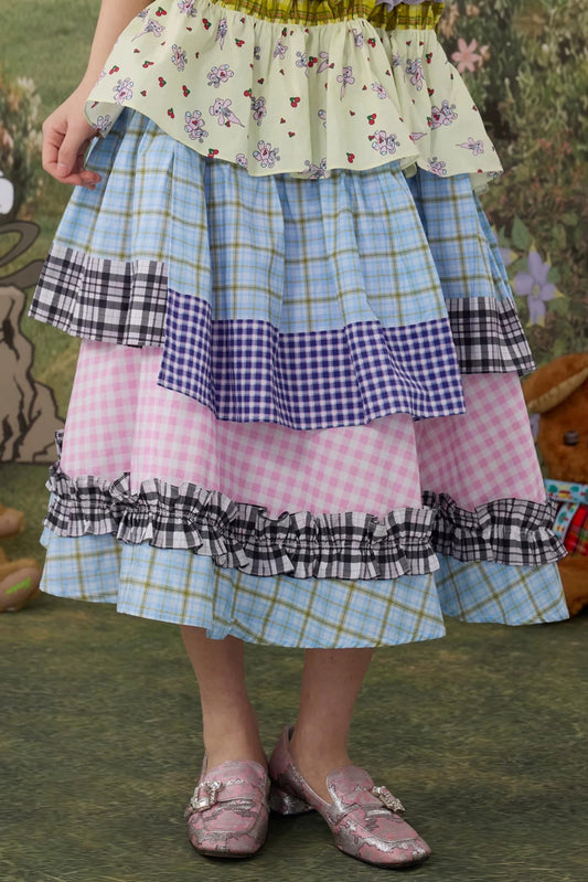 Plaid Cotton Lace Skirt