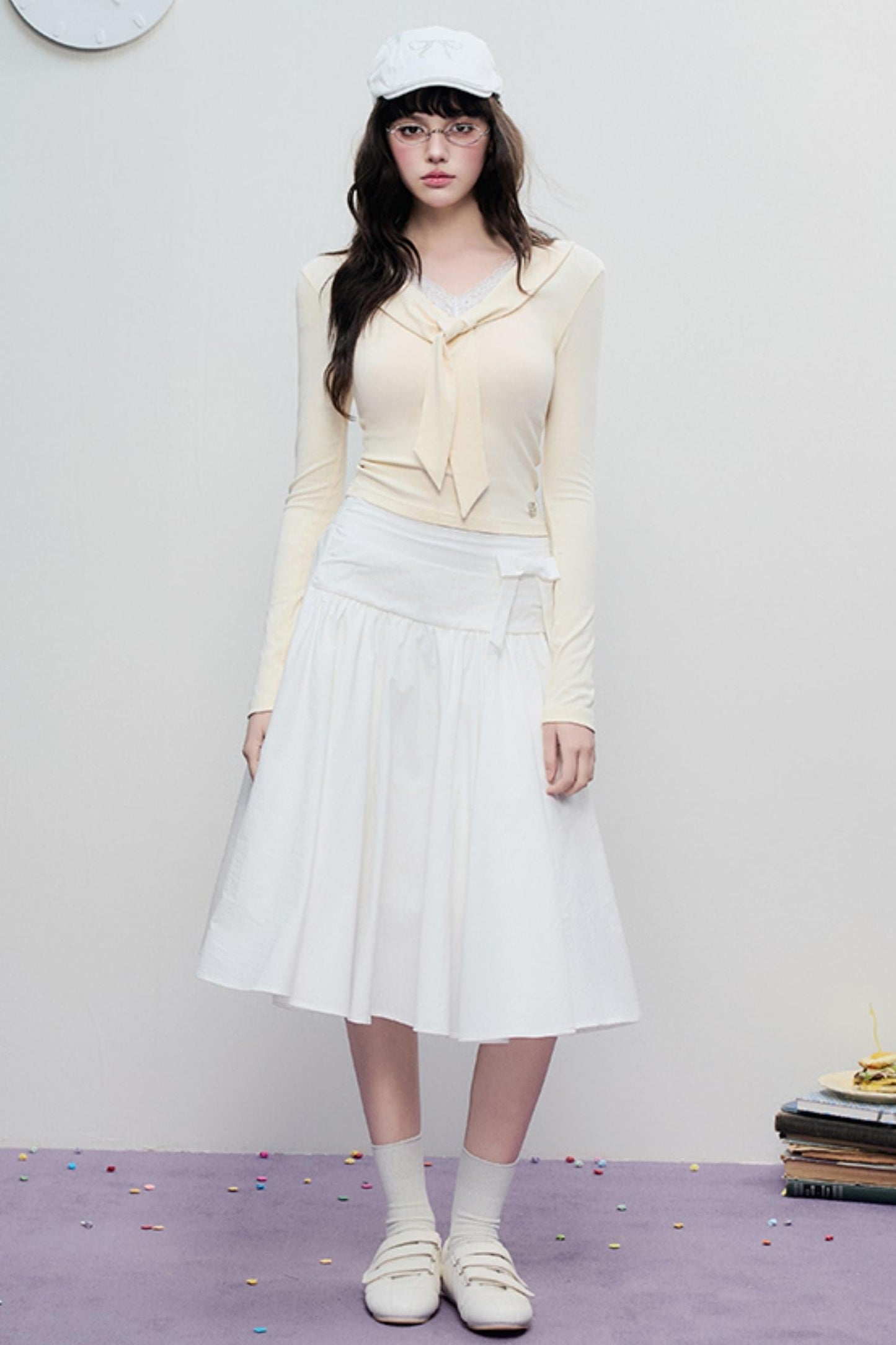 Korean Lace Trim Tie Neck Sweater