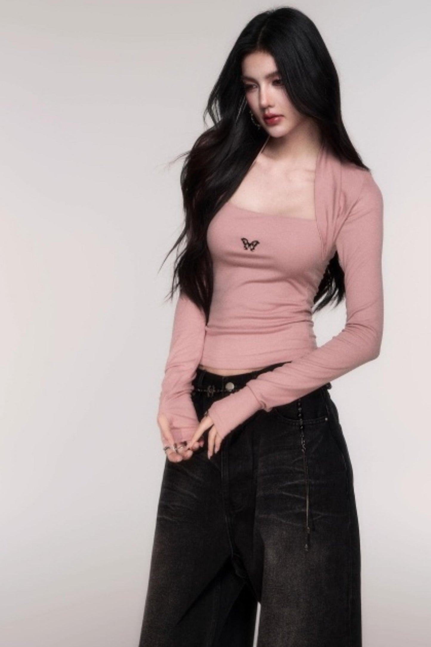 Fake Two Sleeve Slim Knit Top