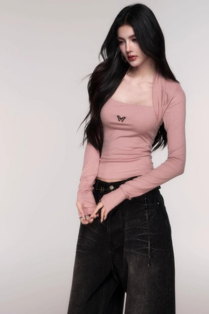 Fake Two Sleeve Slim Knit Top