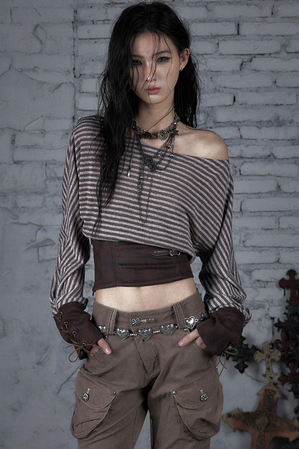 Vintage Asymmetrical Striped Crop Top