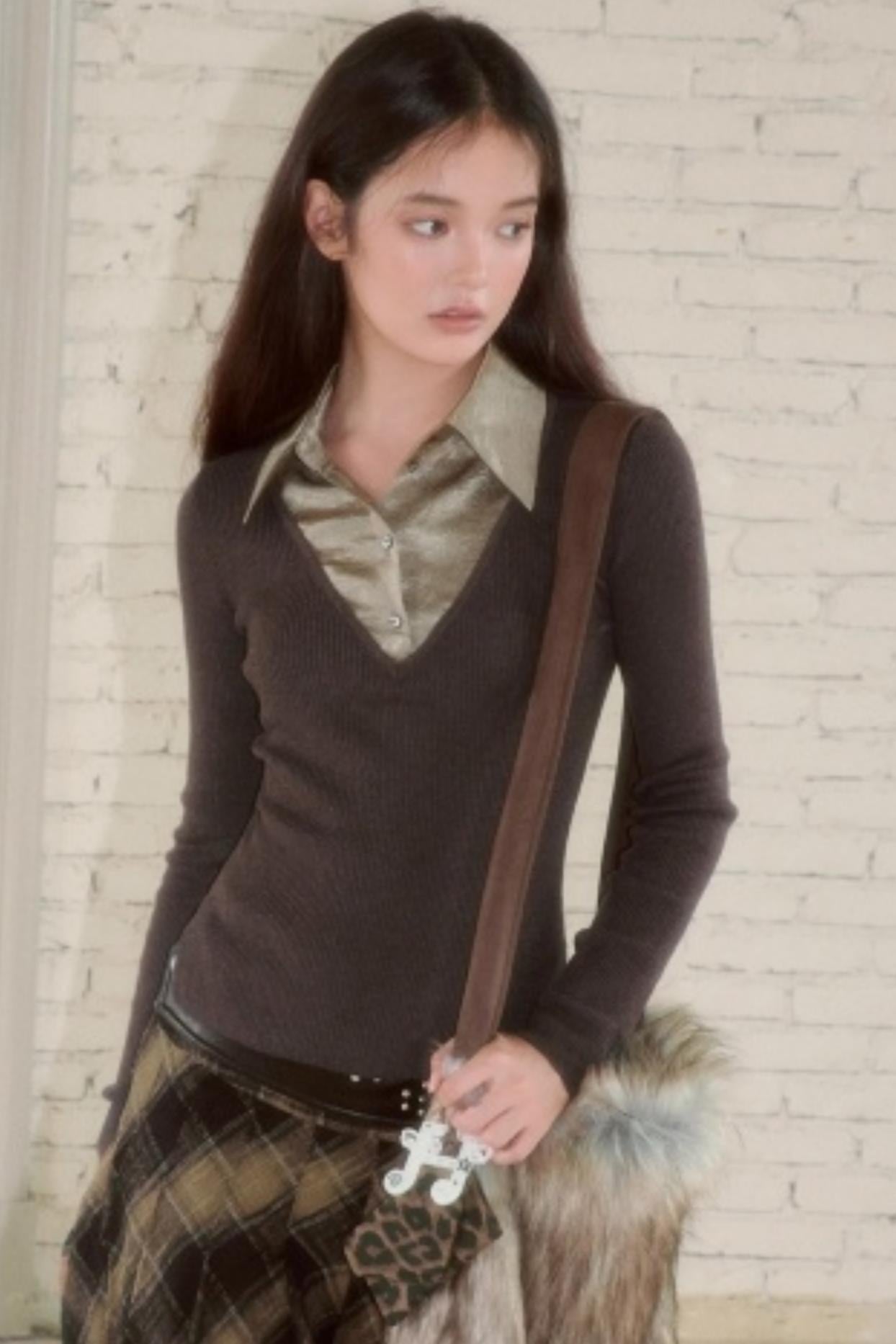 Fake Two-Patchwork Lapel Knit Top