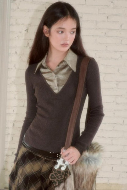 Fake Two-Patchwork Lapel Knit Top