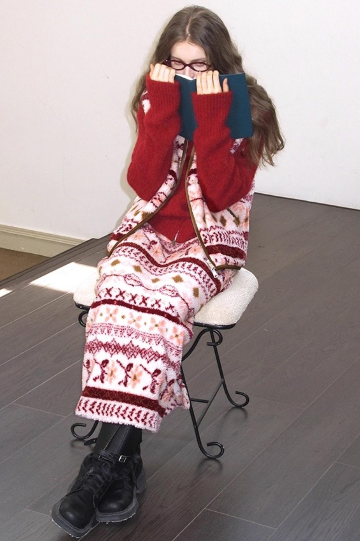 Berry Peach Retro Fleece Vest Jacket Skirt Set-Up