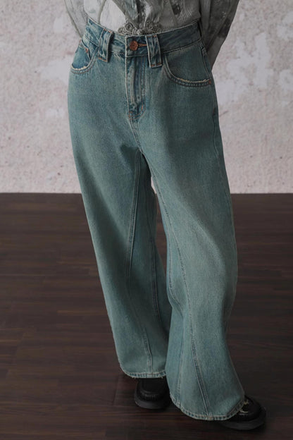 Slim Wide-Leg Washed Denim Pants