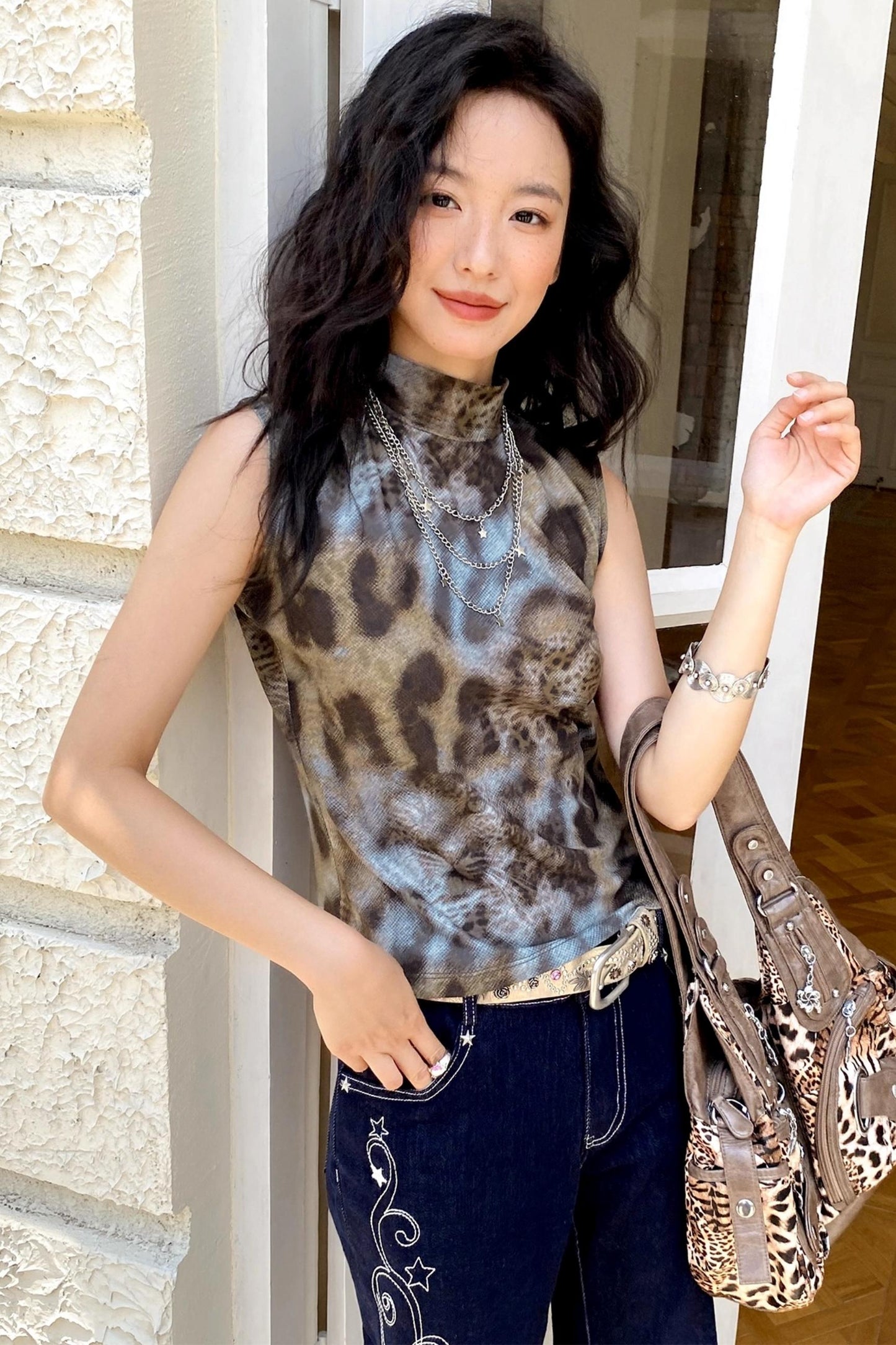 Leopard High Neck Sleeveless Top