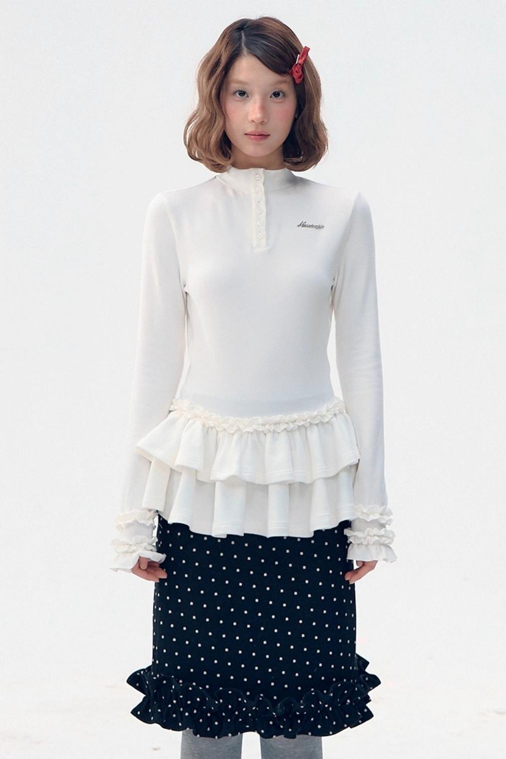 Six-Button Lace Hem Blouse Top