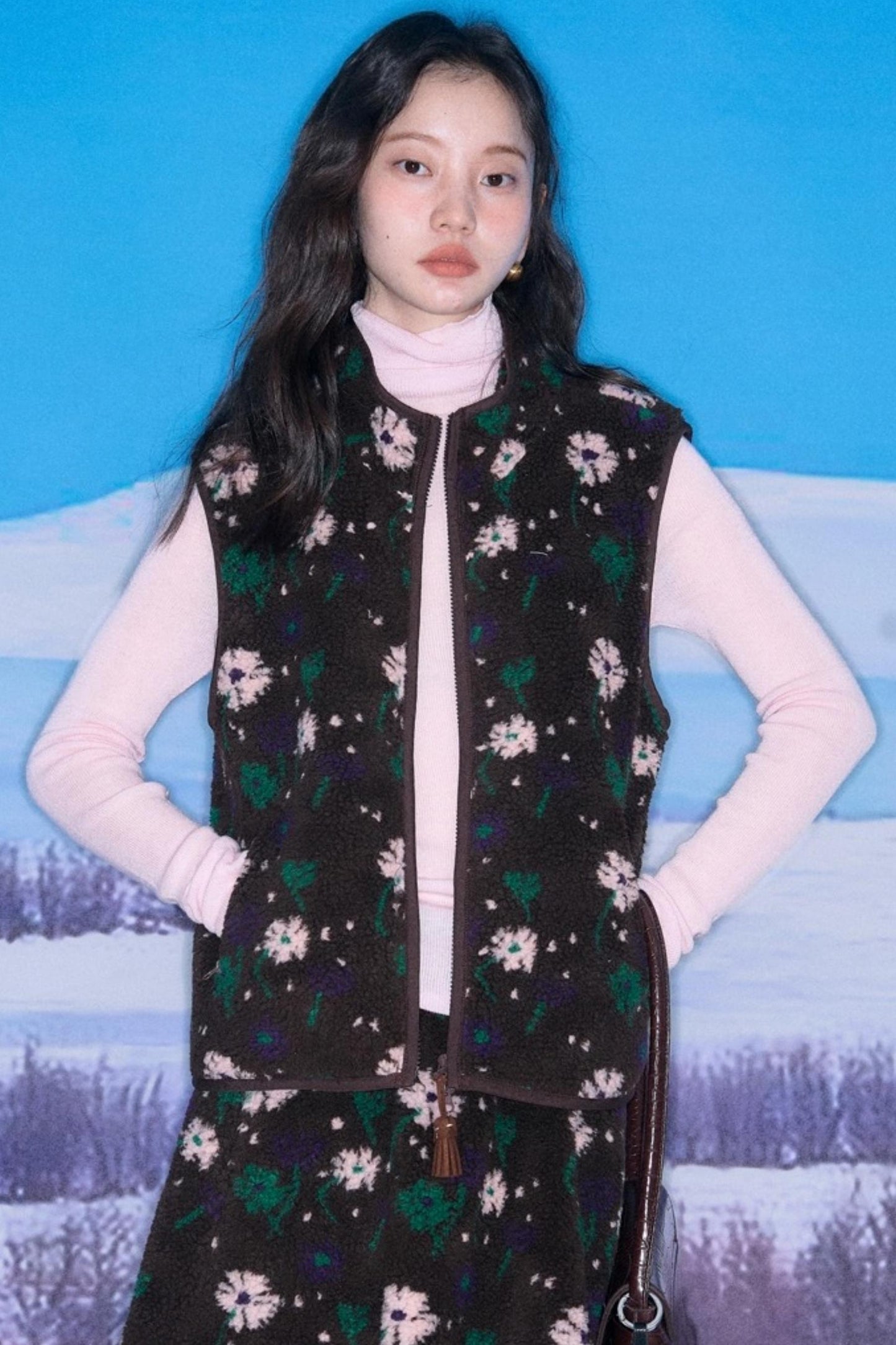 Floral Faux Lamb Wool Vest Jacket Set-Up