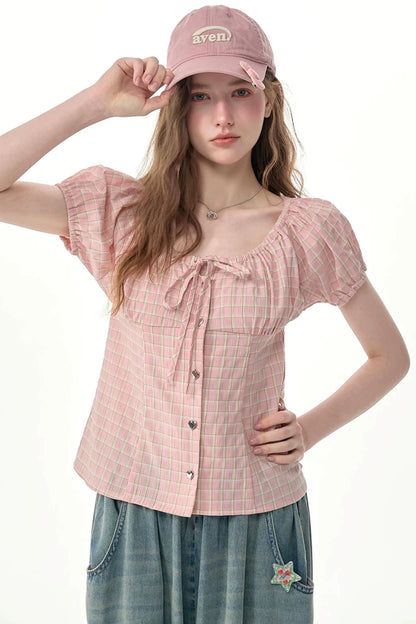 Pink Plaid Puff Sleeve Top
