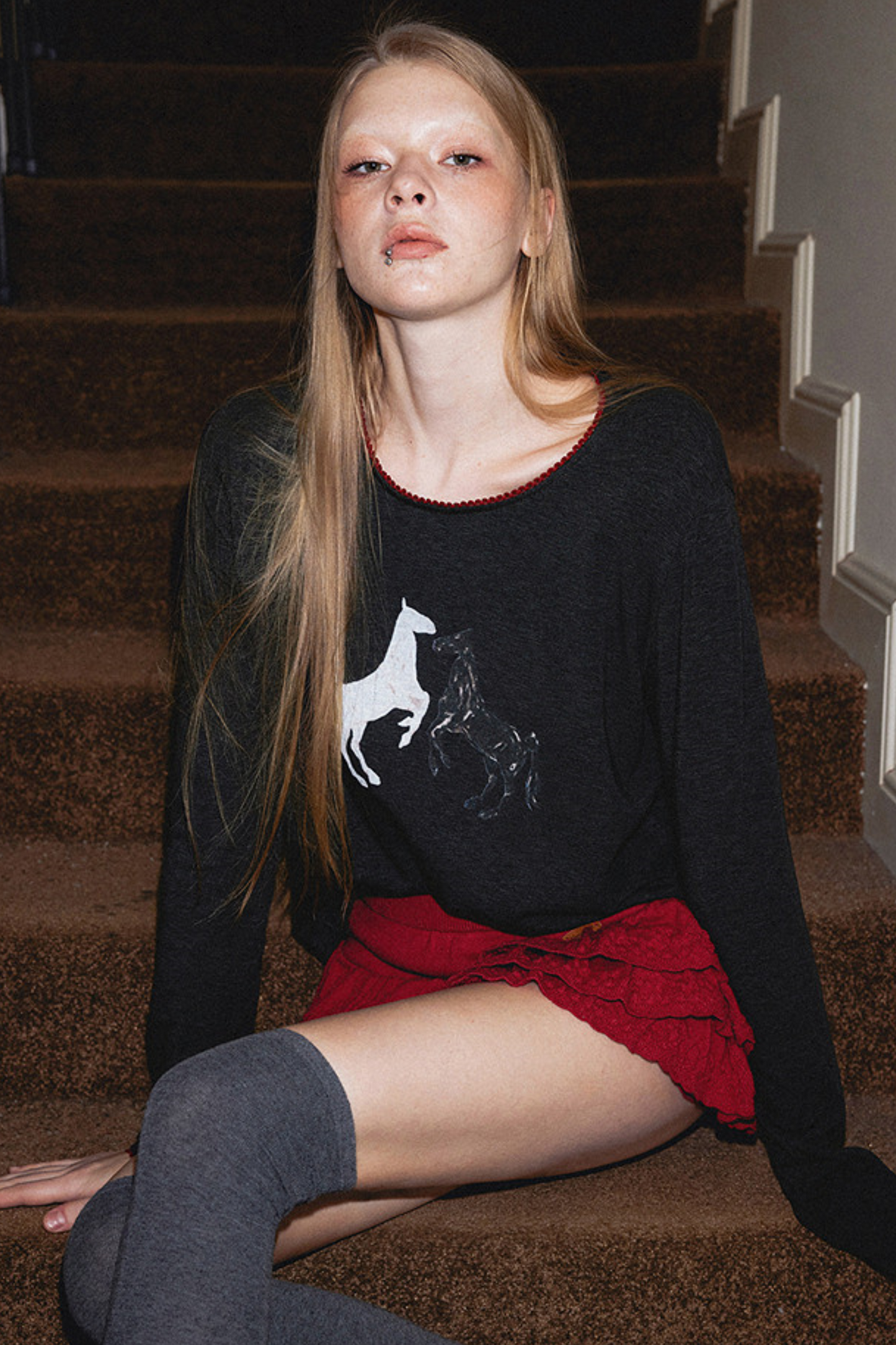 Gray Color-Blocked Lace Top