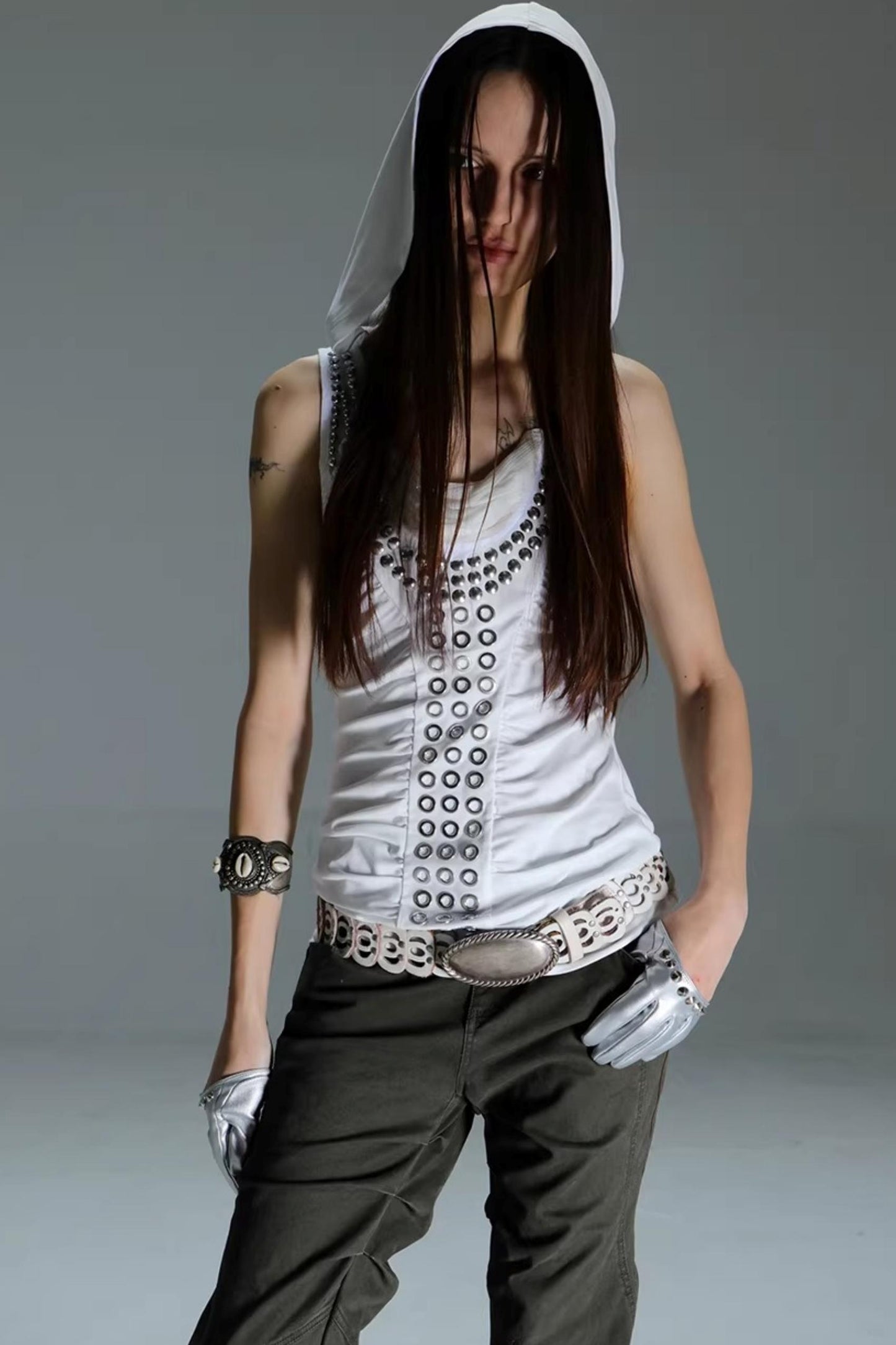 Metal Rivet Pleated Racerback Top