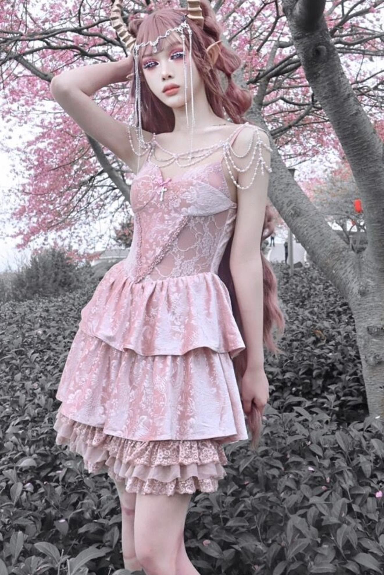 Gothic Lotus Root Pink Strap Dress Set-Up